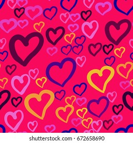 A seamless vector pattern with repeating hearts of different color on pink background. This romantic texture would be ideal for use as a textile design or wrapping paper Simply hearts seamless vector