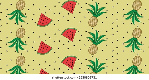 
Seamless vector pattern with repeating images of watermelon and pineapple slices. Flat background in summer style for textiles, baby covers, wrapping paper, creative projects.