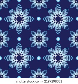 Seamless vector pattern, repeating line art flower mandala. isolated on a darkblue background. Graphic clean design for fabric, event, wallpaper etc.