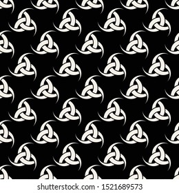Seamless vector pattern of repeating sacred Celtic symbols. Endless texture for textile design. Sacral sign. Norman culture. Triskelion. Triskele. Trinity. Vector color background.
