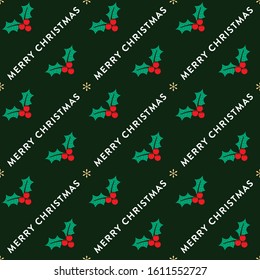 Seamless vector pattern with repeating text, Merry Christmas! Seasonal vector background with mistletoe berries in red, green and white. Stylish xmas concept.