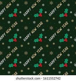 Seamless vector pattern with repeating text, Happy New Year! Mistletoe berries and snowflake illustration. Seasonal background in red, green, white and gold. Cute xmas concept.