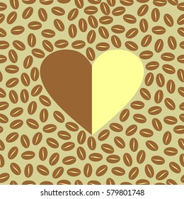 Seamless vector pattern. Repeating vector texture. Coffee beans with heart in center.