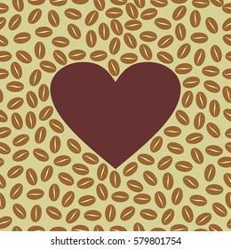 Seamless vector pattern. Repeating vector texture. Coffee beans with heart in center.