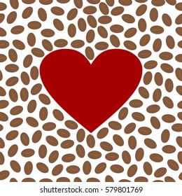 Seamless vector pattern. Repeating vector texture. Coffee beans with heart in center.