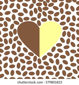 Seamless vector pattern. Repeating vector texture. Coffee beans with heart in center.
