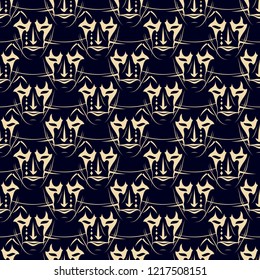 Seamless vector pattern from repeating theatrical masks. Curtain. Comedy. Tragedy. Cheerful and sad actor. Gold on black. Kind and evil. Endless texture for textile design. Vintage style. Background.