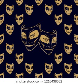 Seamless vector pattern from repeating theatrical masks on black background. Curtain. Comedy and tragedy. Cheerful and sad actor. Kind and evil. Endless texture for textile design. Vintage style.