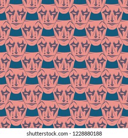 Seamless vector pattern from the repeating theatrical masks on a blue background. Curtain. Comedy and tragedy. Cheerful and sad actor. Kind and evil. Endless texture for textile design. Vintage style.