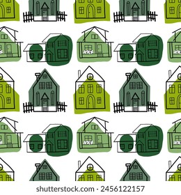 Seamless vector pattern. Residential buildings hand-drawn on a tablet in black and green. Private houses with windows, flower beds, fences. Suitable for printing on fabric and paper, for design.