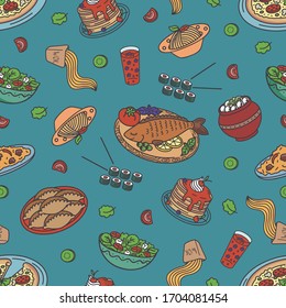 Seamless vector pattern with restaurant food.