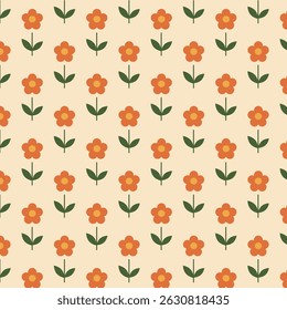 Seamless vector pattern in retro 70s style. Flowers with simple shapes daisy abstract. Groovy vintage floral repeating pattern with flowers, simple shapes.