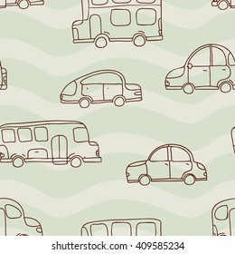 The seamless vector pattern. Retro background with cars. Line art. Wave background with doodles cars and London bus.