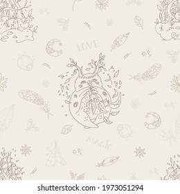 Seamless vector pattern - retro Boho style in outlines. Magical Forest. Owl and Rabbits, Leaves, feather and drops.  Illustration with children's mood, hand-drawing.