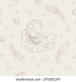 Seamless vector pattern - retro Boho style in outlines. Dreamy Moon-Girl with Cat in the Clouds. Stars, clouds, leaves, feathers, and moth.  Illustration with children's mood, hand-drawing.