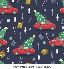 Seamless vector pattern with retro car, christmas tree and other elements. Christmas pattern.