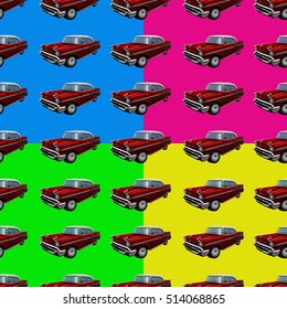 Seamless vector pattern with a retro car on a bright background.