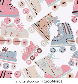 Seamless vector pattern with retro colourful roller skates. The design is perfect for advertisements, wrapping paper, background design, textile and packages.