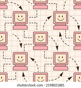 Seamless Vector Pattern With Retro Computer. Cute Old Desktop Background. 90s And Y2k Digital Aesthetic Texture. Concept Of Virtual Communication