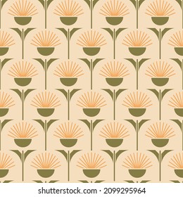 Seamless vector pattern with retro dandelions on light yellow background. Simple vintage floral wallpaper design. Decorative nostalgic flower fashion textile.