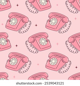 Seamless vector pattern with retro dial telephone in pink color. Vintage wire phone contour drawing on pastel background. Old electronic device texture for wallpaper, wrapping paper, textile design