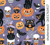 Seamless vector pattern with retro Halloween characters. Hand drawn spooky black cat and Halloween pumpkin illustration. EPS 10 vector file. Perfect for textile, wallpaper or nursery print design.