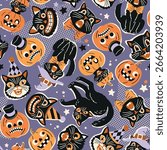 Seamless vector pattern with retro Halloween characters. Hand drawn spooky black cat and Halloween pumpkin illustration. EPS 10 vector file. Perfect for textile, wallpaper or nursery print design.
