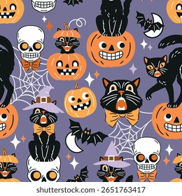 Seamless vector pattern with retro Halloween characters. Hand drawn spooky black cat and Halloween pumpkin illustration. EPS 10 vector file. Perfect for textile, wallpaper or nursery print design.