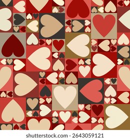 Seamless vector pattern with retro inspired hearts and multiscale graphic squares in neutral warm tones for wrapping paper
