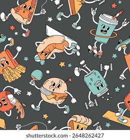 Padrão de vetor perfeito com caracteres retrô de junk food. Arquivo de vetor EPS 10. Perfeito para design de impressão têxtil, papel de parede ou viveiro.	