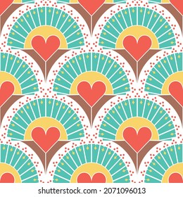 Seamless vector pattern with retro love hearts on white background. Simple vintage Valentines day wallpaper design. Decorative fan fashion textile.