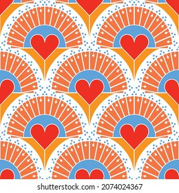 Seamless vector pattern with retro love heart on white background. Simple Valentines day wallpaper design. Decorative love fan fashion textile.