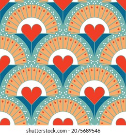 Seamless vector pattern with retro love heart on blue background. Simple geometrical fan wallpaper design. Decorative rainbow fashion textile.