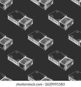 Seamless vector pattern of retro matchboxes drawn in engraved hand sketch style. White outline on dark chalkboard background. Ideal for camping gear designs, travel accessories, vintage packaging.