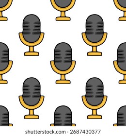 Seamless vector pattern of retro microphones with golden accents on a white background.