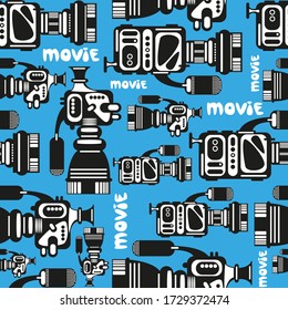 Seamless vector pattern of retro movie cameras on a blue background. Big and small.