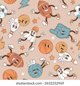 Seamless vector pattern with retro sport characters. Hand drawn ball game and racket sport illustration. EPS 10 vector file. Perfect for textile, wallpaper or nursery print design.