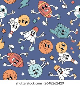 Seamless vector pattern with retro sport characters. Hand drawn ball game and racket sport illustration. EPS 10 vector file. Perfect for textile, wallpaper or nursery print design.