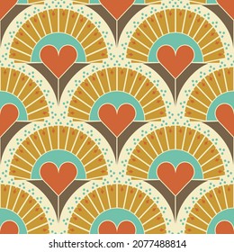Seamless vector pattern with retro style love heart on yellow background. Simple Valentines day wallpaper design. Decorative love fan fashion textile.