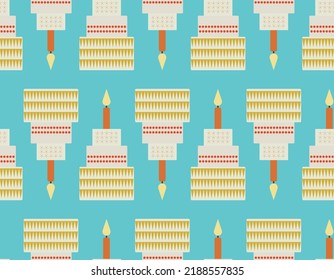 Seamless vector pattern with retro style happy birthday fancy cakes in beige and vintage yellow with retro red candles and flames on a vintage blue background.