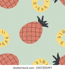 Seamless vector pattern with retro style textured pineapples and slices. Perfect print for card, label, textile, fabric, paper. Hand drawn illustration.


