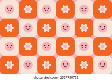 Seamless vector pattern in retro style. 1960s vibe geometric print with pink smiley faces. Checkered pattern.