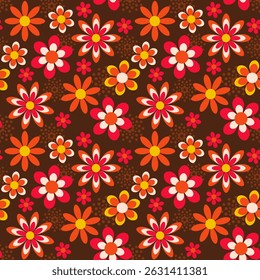 Seamless vector pattern in retro style with bright flowers on a brown background, colorful design for textile print, wallpaper, packaging.