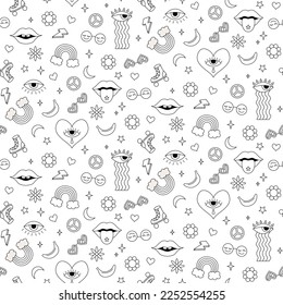 Seamless vector pattern retro vintage 70s groovy hippy style. Doodle flowers, rainbow, lips, eyes with tear, roller-skates and sunglasses.