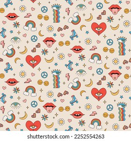 Seamless vector pattern retro vintage 70s groovy hippy style. Cartoon flowers, rainbow, lips, eyes with tear, roller-skates and sunglasses.