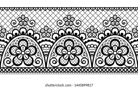 Seamless vector pattern - retro wedding lace design, old fashioned repetitive design with flowers and swirls in black on white background. 
Embroidery monochrome decoration inspired by French art