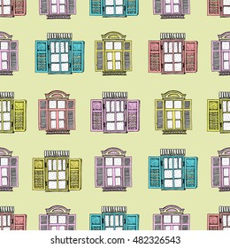 Seamless vector pattern of retro windows. Hand drawing illustration
