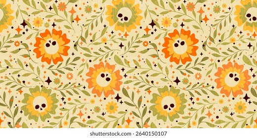 A seamless vector pattern of retro-style Halloween flowers with skulls inside. Features a light background with leaves and sparkles. Ideal for festive or spooky textiles.