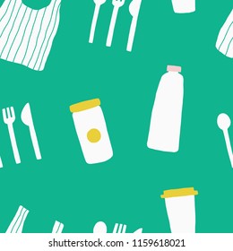Seamless vector pattern with reusable bag, cup, cutlery. Use less plastic concept