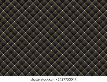 Seamless vector pattern of rhombuses with golden knobs and border. 3D dark upholstery leather texture luxury background.